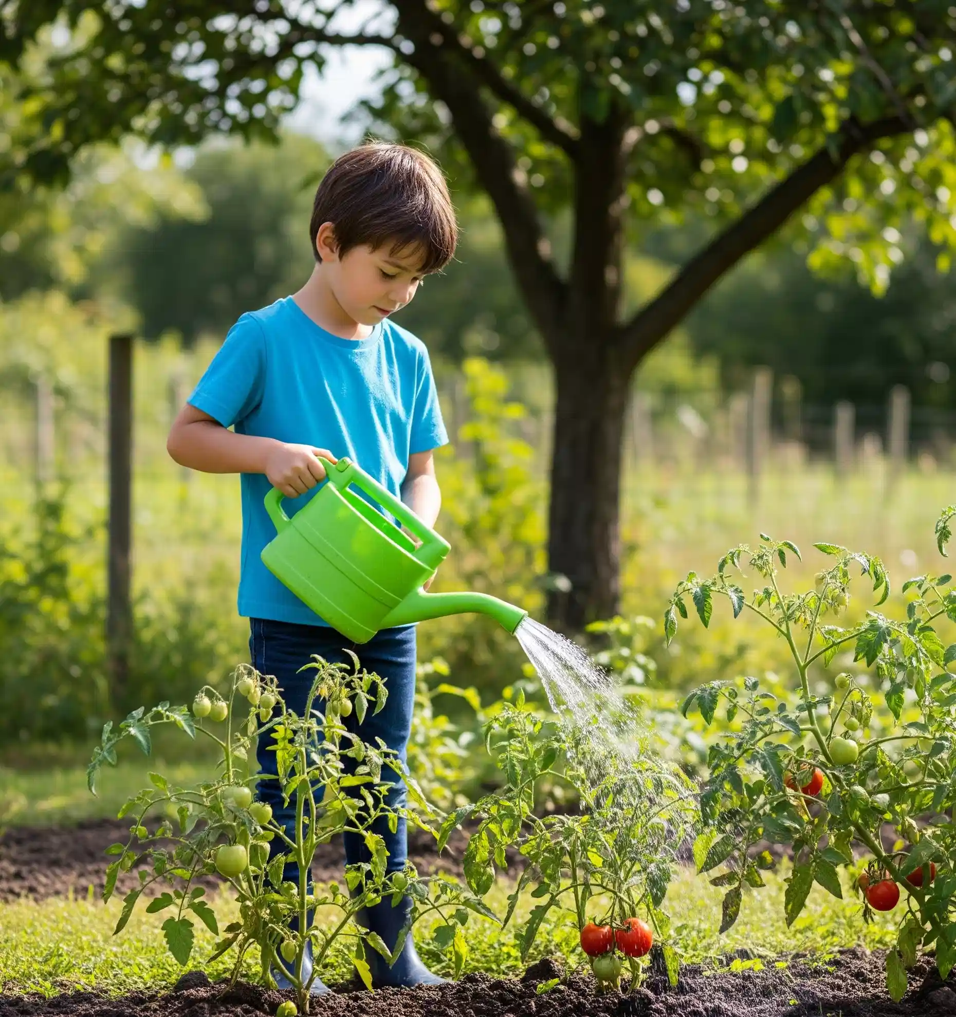 Mikro-Beitrag grünerer Alltag: Ein Kind gießt mit einer Gießkanne die Tomatenpflanzen