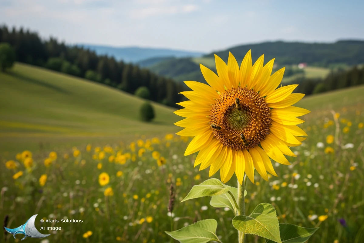 Pflanzen Ingenieure der Natur: Eine Sonnenblume mit Bienen auf einem großen Sonnenblumenfeld, die sich nach der Sonne ausrichtet. Sie kann auch radioaktive Substanzen aufnehmen.