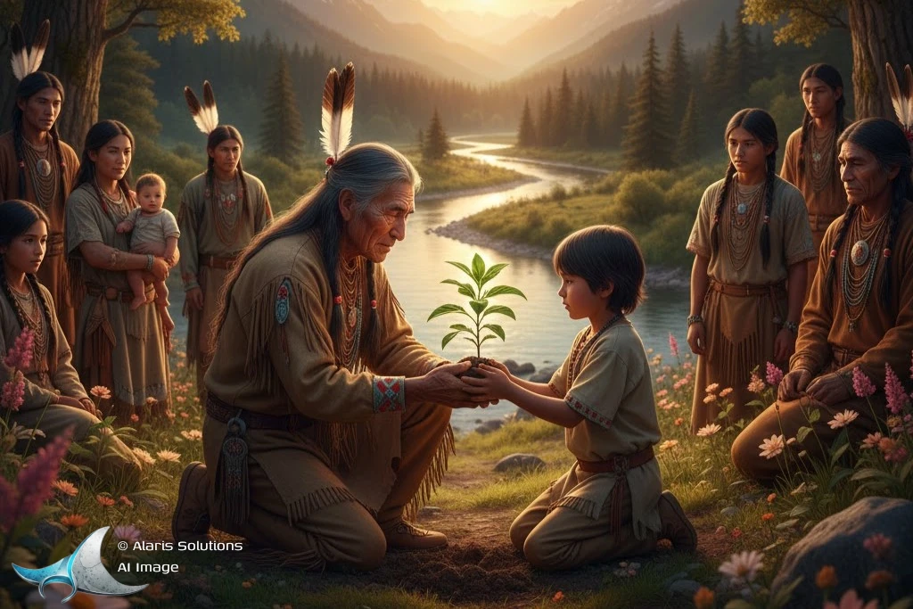 Realistisches Bild eines indianischen Ältesten, der einem Kind einen jungen Setzling übergibt. Im Hintergrund sieht man ein idyllisches Naturlandschaft mit einem Fluss, Bergen und Bäumen, umgeben von weiteren Mitgliedern der indigenen Gemeinschaft bei Sonnenuntergang.