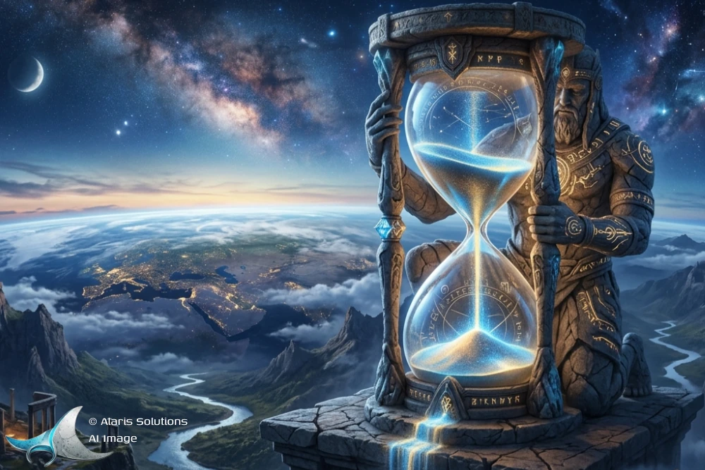 Paläoklima: Eine monumentale Statue eines riesigen, bärtigen Wächters hält eine gigantische Sanduhr. Die Sanduhr ist mit leuchtenden Symbolen verziert und zeigt einen Fluss aus Sternen und Galaxien, der durch sie hindurchfließt. Die Szene ist in einer epischen Landschaft aus Bergen, Flüssen und antiken Ruinen angesiedelt, die im Hintergrund in eine leuchtende Erde übergeht. Über der Landschaft erstreckt sich ein atemberaubender Nachthimmel mit Milchstraße und Mond.